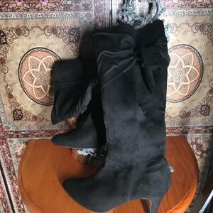 Black Three Inch Heeled Boots with Fluffy Cuff